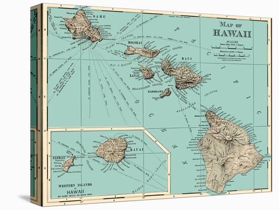 Map of Hawaii - from Rand McNally Atlas, Vintage Colored Cartographic Map, 1898-Pacifica Island Art-Stretched Canvas