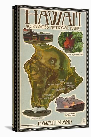 Map of Hawaii - Hawaii Volcanoes National Park-Lantern Press-Stretched Canvas