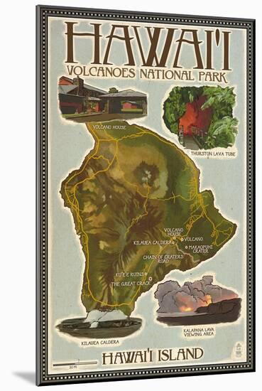 Map of Hawaii - Hawaii Volcanoes National Park-Lantern Press-Mounted Art Print