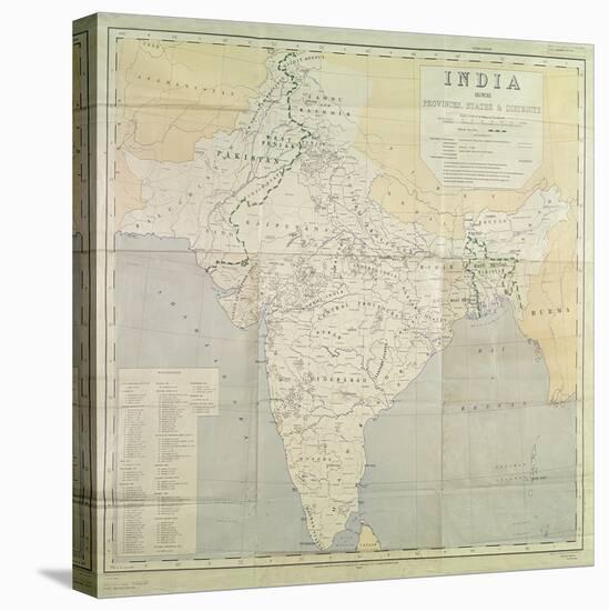 Map of India at Independence, 1947-null-Stretched Canvas