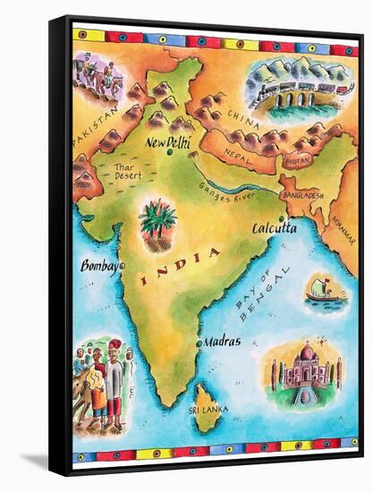 Map of India-Jennifer Thermes-Framed Stretched Canvas