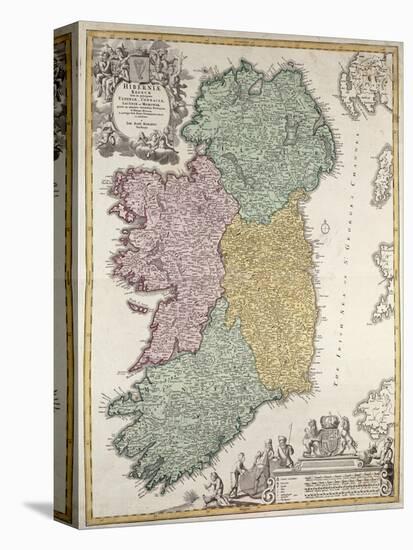 Map of Ireland, Provinces of Ulster, Munster, Connaught and Leinster, by Johann B. Homann, c.1730-Johann Baptista Homann-Stretched Canvas