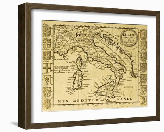 Map Of Italy Framed By Territorial Crests. May Be Dated To The Beginning Of Xviii Sec-marzolino-Framed Art Print