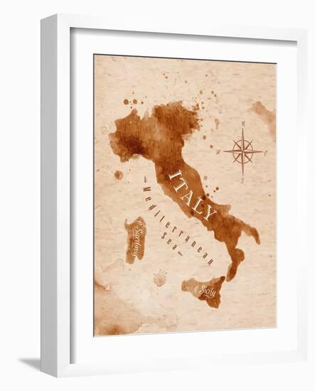 Map of Italy in Old Style in Vector Format, Brown Graphics in a Retro Style-anna42f-Framed Art Print