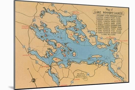 Map of Lake Winnipesaukee, New Hampshire-null-Mounted Art Print