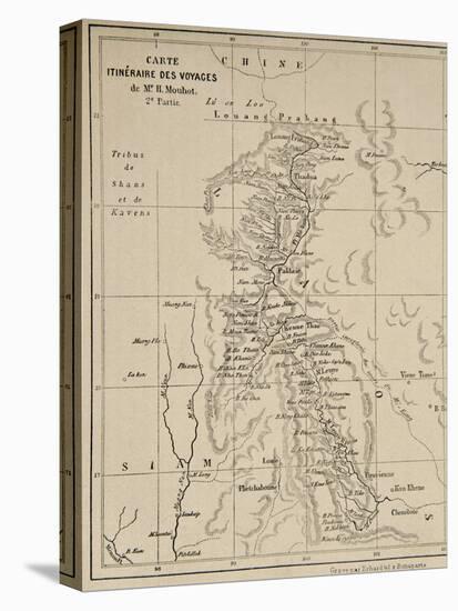 Map of Laos and the Mekong River Showing the Route of the Voyage of Henri Mouhot, Illustration…-French School-Stretched Canvas