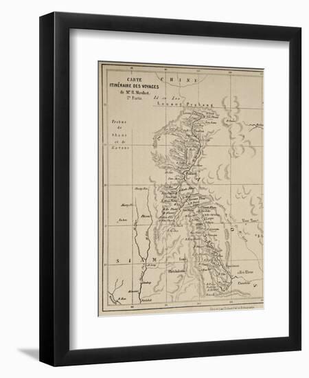 Map of Laos and the Mekong River Showing the Route of the Voyage of Henri Mouhot, Illustration…-French School-Framed Premium Giclee Print