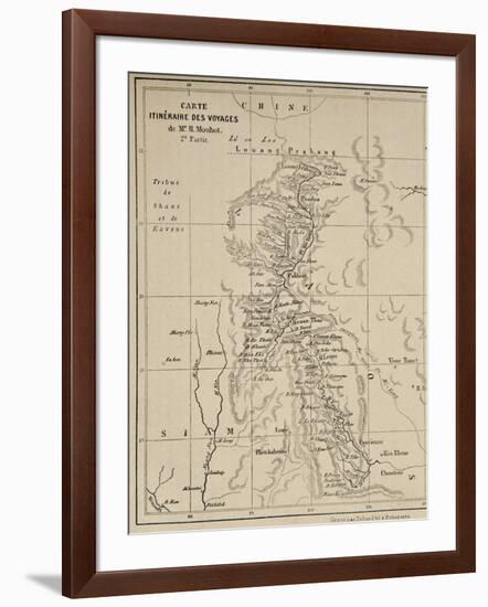 Map of Laos and the Mekong River Showing the Route of the Voyage of Henri Mouhot, Illustration…-French School-Framed Giclee Print