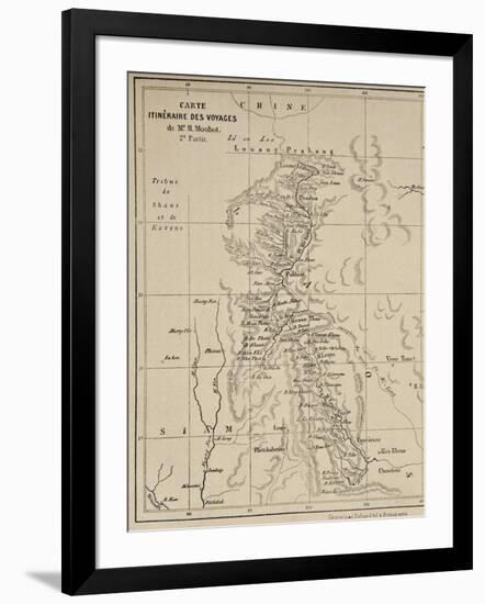 Map of Laos and the Mekong River Showing the Route of the Voyage of Henri Mouhot, Illustration…-French School-Framed Giclee Print