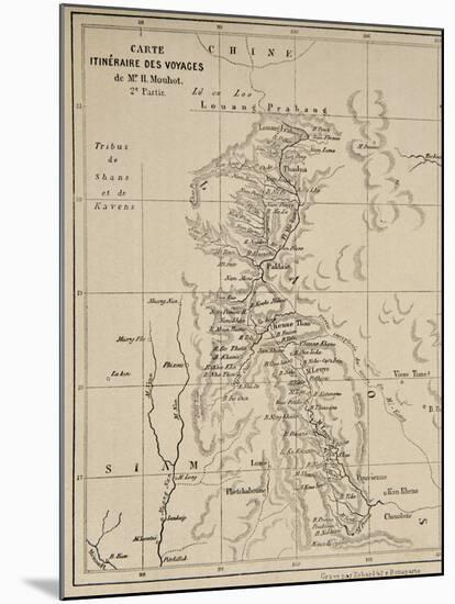 Map of Laos and the Mekong River Showing the Route of the Voyage of Henri Mouhot, Illustration…-French School-Mounted Giclee Print