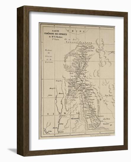 Map of Laos and the Mekong River Showing the Route of the Voyage of Henri Mouhot, Illustration…-French School-Framed Giclee Print