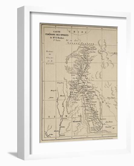 Map of Laos and the Mekong River Showing the Route of the Voyage of Henri Mouhot, Illustration…-French School-Framed Giclee Print