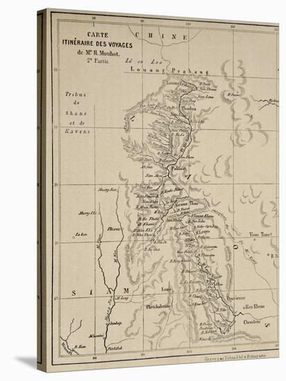 Map of Laos and the Mekong River Showing the Route of the Voyage of Henri Mouhot, Illustration…-French School-Stretched Canvas