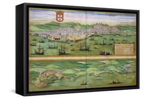 Map of Lisbon, and Cascais, from "Civitates Orbis Terrarum"-Joris Hoefnagel-Framed Stretched Canvas