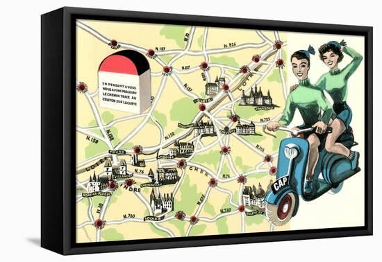 Map of Loire Chateaux, Girls on Scooter-null-Framed Stretched Canvas
