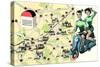 Map of Loire Chateaux, Girls on Scooter-null-Stretched Canvas