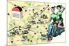 Map of Loire Chateaux, Girls on Scooter-null-Mounted Art Print