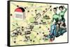 Map of Loire Chateaux, Girls on Scooter-null-Framed Stretched Canvas