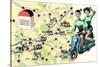 Map of Loire Chateaux, Girls on Scooter-null-Stretched Canvas