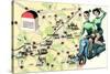 Map of Loire Chateaux, Girls on Scooter-null-Stretched Canvas