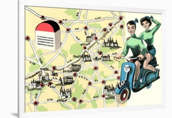 Map of Loire Chateaux, Girls on Scooter-null-Framed Art Print