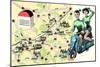 Map of Loire Chateaux, Girls on Scooter-null-Mounted Art Print