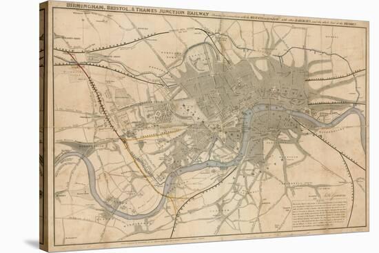 Map of London Showing the Birmingham, Bristol, Thames Junction Railway, 1839-null-Stretched Canvas