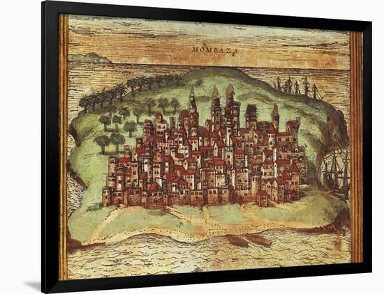 Map of Mombasa, Kenya, from Civitates Orbis Terrarum by Georg Braun and Franz Hogenberg-null-Framed Giclee Print