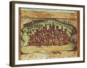 Map of Mombasa, Kenya, from Civitates Orbis Terrarum by Georg Braun and Franz Hogenberg-null-Framed Giclee Print