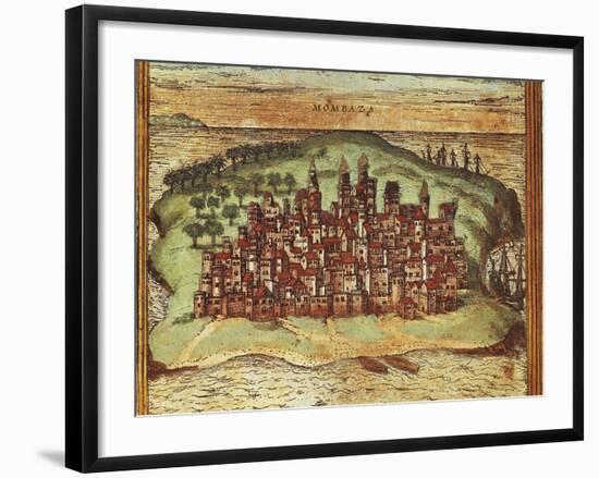 Map of Mombasa, Kenya, from Civitates Orbis Terrarum by Georg Braun and Franz Hogenberg-null-Framed Giclee Print