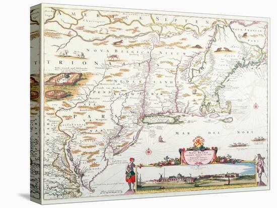 Map of New Belgium with a View of New Amsterdam-Joannes Jansson-Stretched Canvas