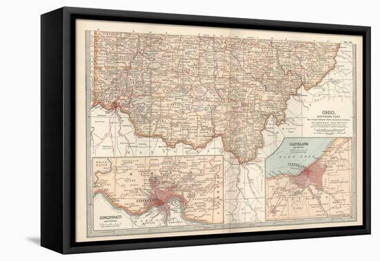 Map of Ohio, Southern Part. United States. Inset Maps of Cincinnati and Cleveland-Encyclopaedia Britannica-Framed Stretched Canvas