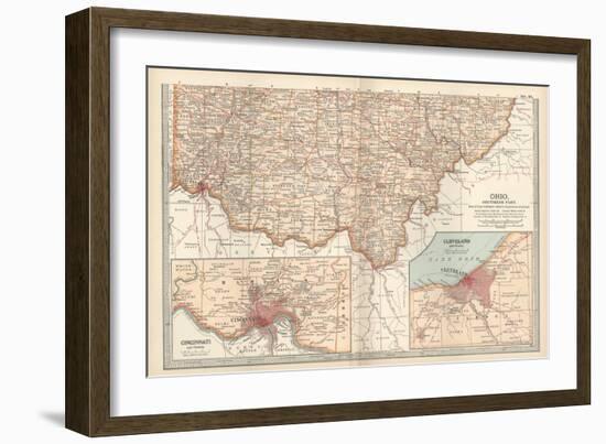 Map of Ohio, Southern Part. United States. Inset Maps of Cincinnati and Cleveland-Encyclopaedia Britannica-Framed Art Print