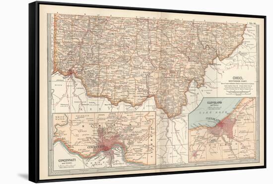 Map of Ohio, Southern Part. United States. Inset Maps of Cincinnati and Cleveland-Encyclopaedia Britannica-Framed Stretched Canvas