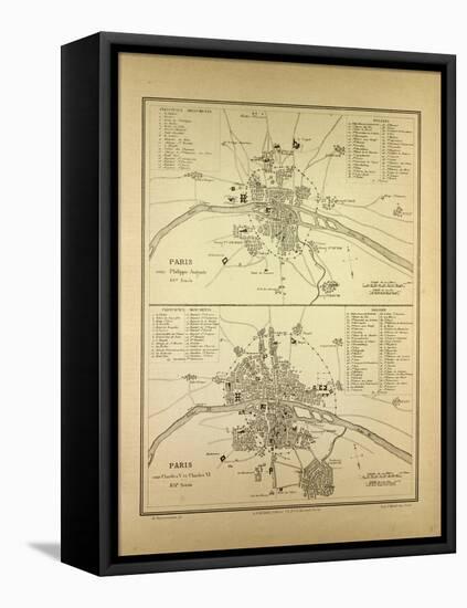 Map of Paris in the 12th Century and in the 14th Century France-null-Framed Stretched Canvas