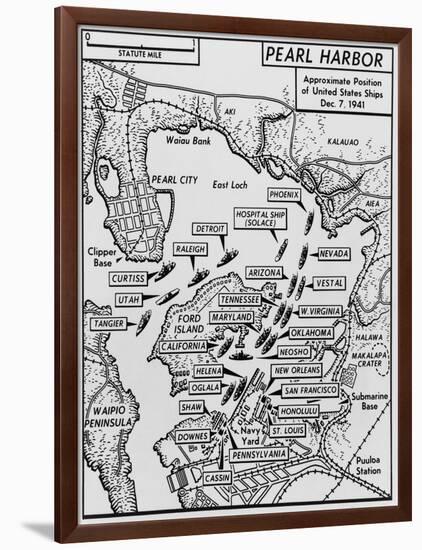 Map of Pearl Harbor with Location of Ships Just Prior to the Japanese Attack on Dec. 7, 1941-null-Framed Art Print