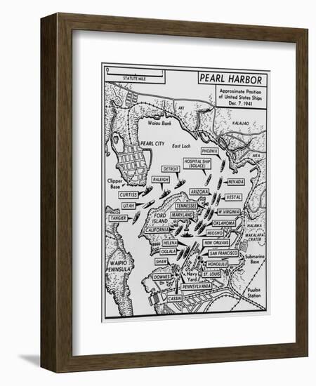 Map of Pearl Harbor with Location of Ships Just Prior to the Japanese Attack on Dec. 7, 1941-null-Framed Art Print