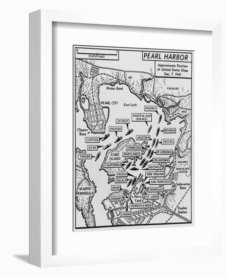 Map of Pearl Harbor with Location of Ships Just Prior to the Japanese Attack on Dec. 7, 1941-null-Framed Art Print