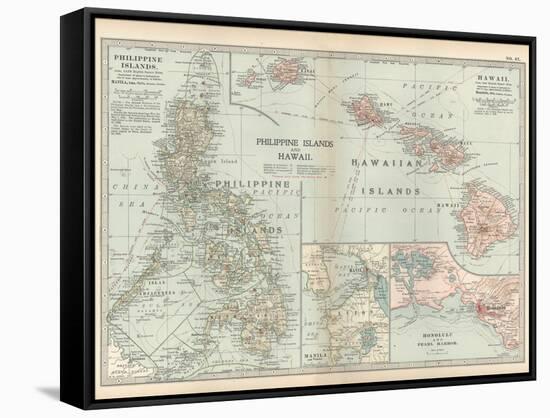 Map of Philippine Islands and Hawaii. Insets of Manila and Vicinity and Honolulu and Pearl Harbor-Encyclopaedia Britannica-Framed Stretched Canvas