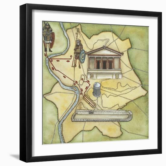 Map of Rome: Camp, Temple of Vesta, Circus Maximus, Capitoline Hill and the Temple of Jupiter-null-Framed Premium Giclee Print