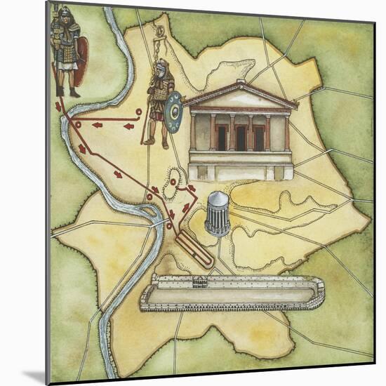 Map of Rome: Camp, Temple of Vesta, Circus Maximus, Capitoline Hill and the Temple of Jupiter-null-Mounted Giclee Print