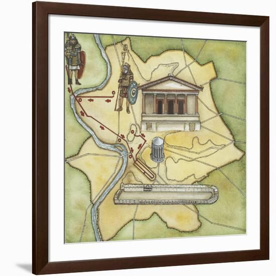Map of Rome: Camp, Temple of Vesta, Circus Maximus, Capitoline Hill and the Temple of Jupiter-null-Framed Giclee Print