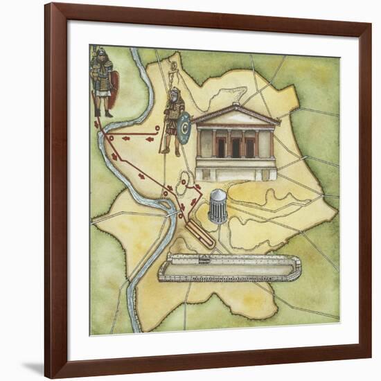 Map of Rome: Camp, Temple of Vesta, Circus Maximus, Capitoline Hill and the Temple of Jupiter-null-Framed Giclee Print