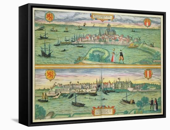 Map of Rotterdam and Gouda, from "Civitates Orbis Terrarum"-Joris Hoefnagel-Framed Stretched Canvas