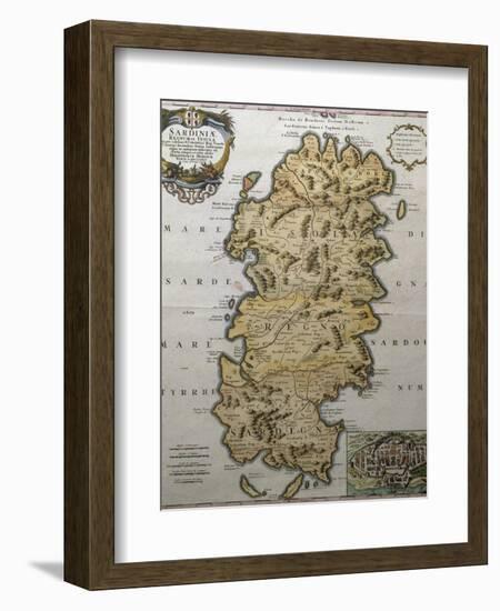 Map of Sardinia with City Map for Cagliari in Bottom Right Corner, Italy-null-Framed Giclee Print