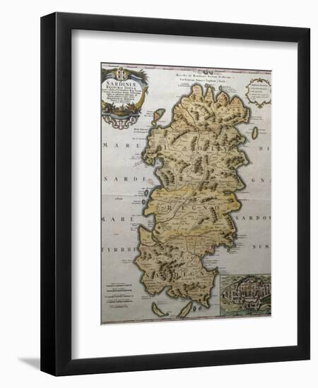 Map of Sardinia with City Map for Cagliari in Bottom Right Corner, Italy-null-Framed Giclee Print