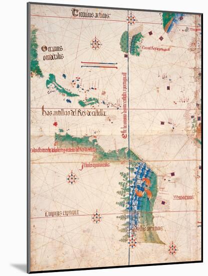 Map of South America and the Coastline of Brazil with parrots, 1502, Estense Library,Modena, Italy-null-Mounted Art Print