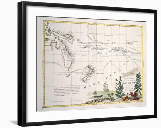 Map of South Seas, New Zealand, New Guinea, New South Wales, Society Islands-null-Framed Premium Giclee Print
