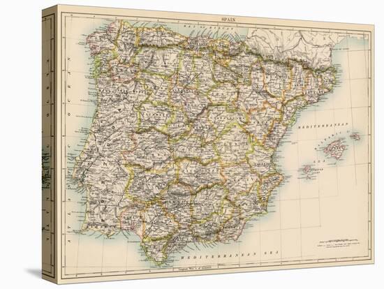 Map of Spain and Portugal, 1870s-null-Stretched Canvas