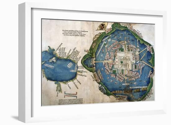 Map of Tenochtitlan and the Gulf of Mexico, from 'Praeclara Ferdinadi Cortesii De Nova Maris…-null-Framed Giclee Print